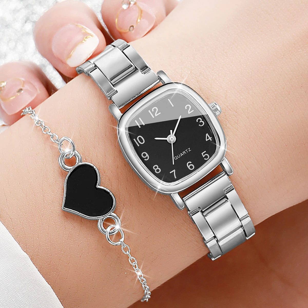 Square Women’s Watch & Heart Bracelet Set
