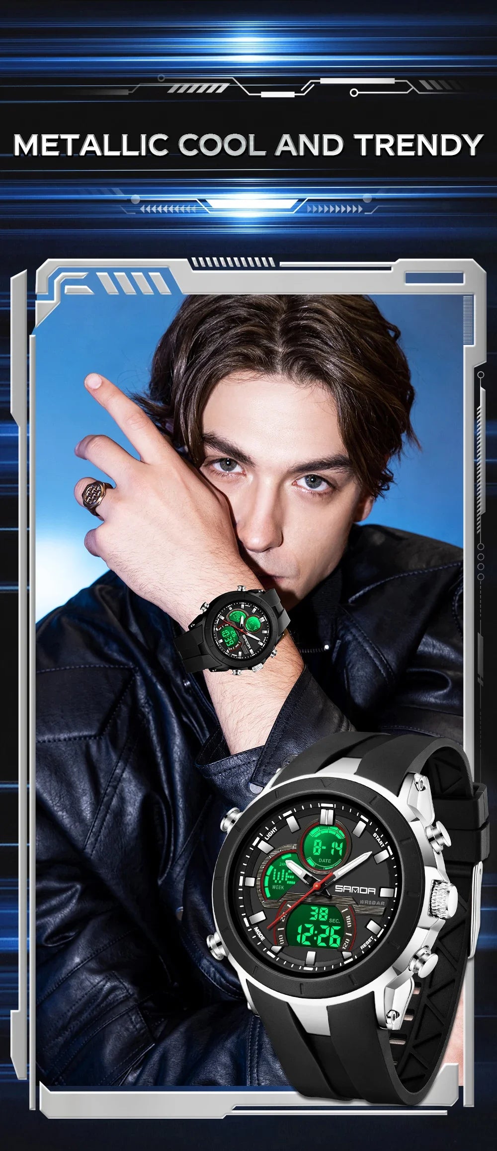 SANDA 6279 Men’s Sports Watch Dual Display, Luminous, Waterproof & Shock Resistant