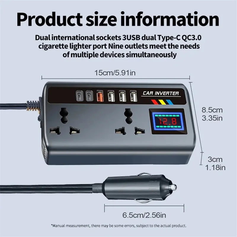 Car Inverter 12V/24V to 220V, PD, QC3.0, 4 USB Ports, Universal Outlet, Fast Charging Adapter