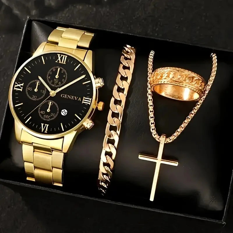 Luxury Men’s Business Quartz Watch & Jewelry Set. 4-Piece Gold Roman Dial Gift Set