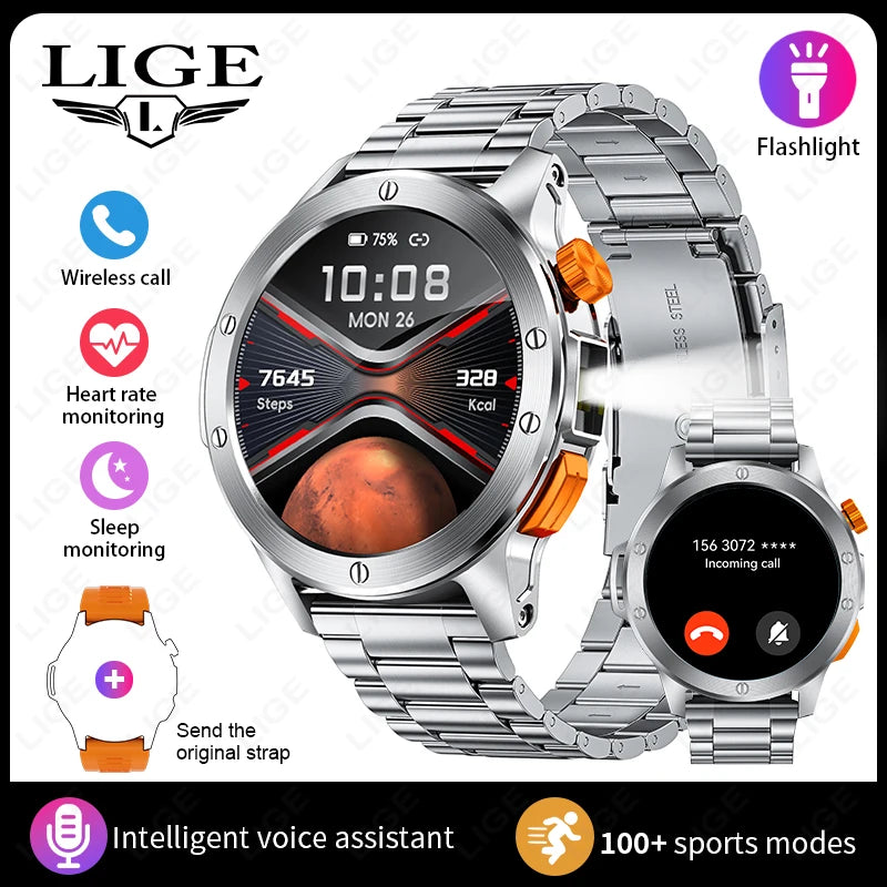LIGE Fashion Smart Watch for Men Voice Assistant Bluetooth Call Heart Rate and Fitness Tracker IP68 Waterproof