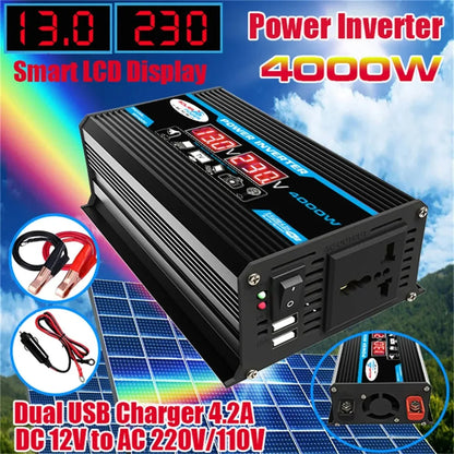 FUYUN 4000W Power Inverter 12V to 220V, Dual LCD, Universal Socket, USB Fast Charging