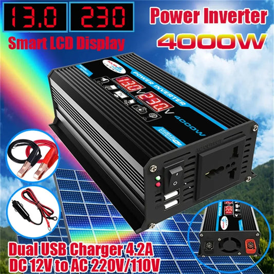 FUYUN 4000W Power Inverter 12V to 220V, Dual LCD, Universal Socket, USB Fast Charging