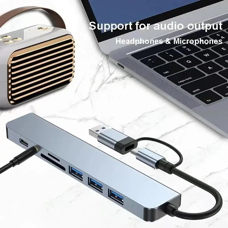 8-in-2 USB Hub Docking Station – USB C, USB 3.0/2.0, SD/TF Card Reader & Audio Port