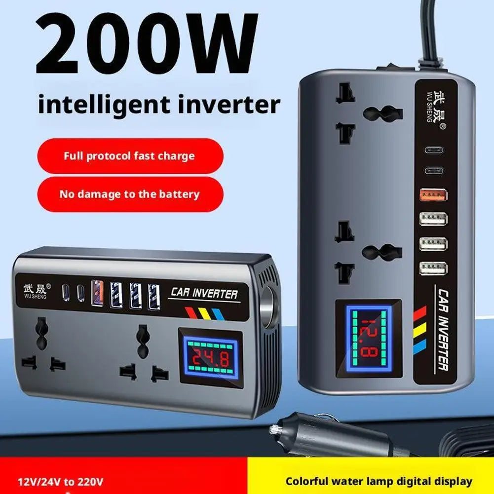Portable Car Inverter Converter Fast Charging Ports Automotive Charger 12V/24V To 220V Inverter 3 USB Ports Vehicle Accessories