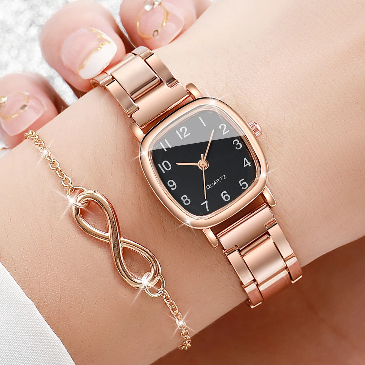 Square Women’s Watch & Heart Bracelet Set