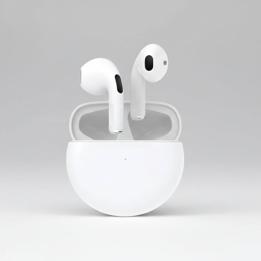 White wireless earbuds with charging case on a white background