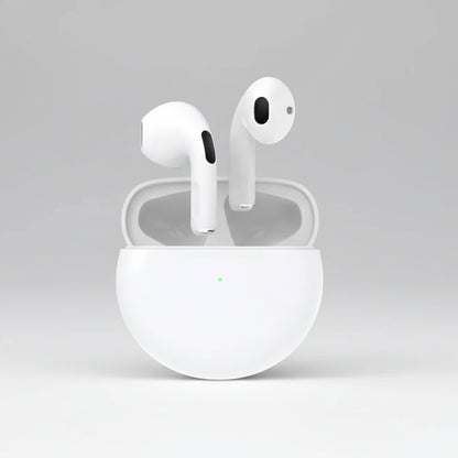 White wireless earbuds with charging case on a white background