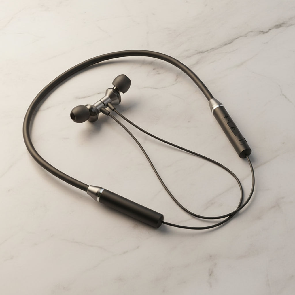 Lenovo wireless neckband earphones on a gray background