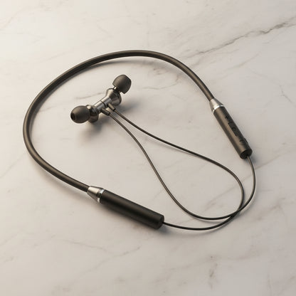 Lenovo wireless neckband earphones on a gray background