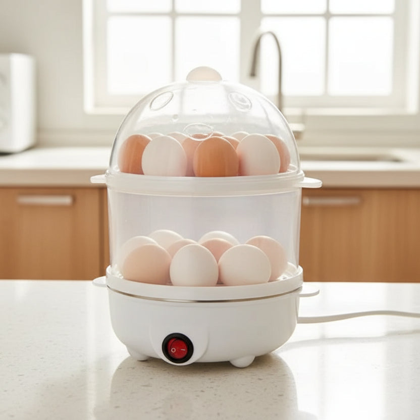 White egg boiler on a kitchen counter with eggs inside, surrounded by fruits and vegetables.