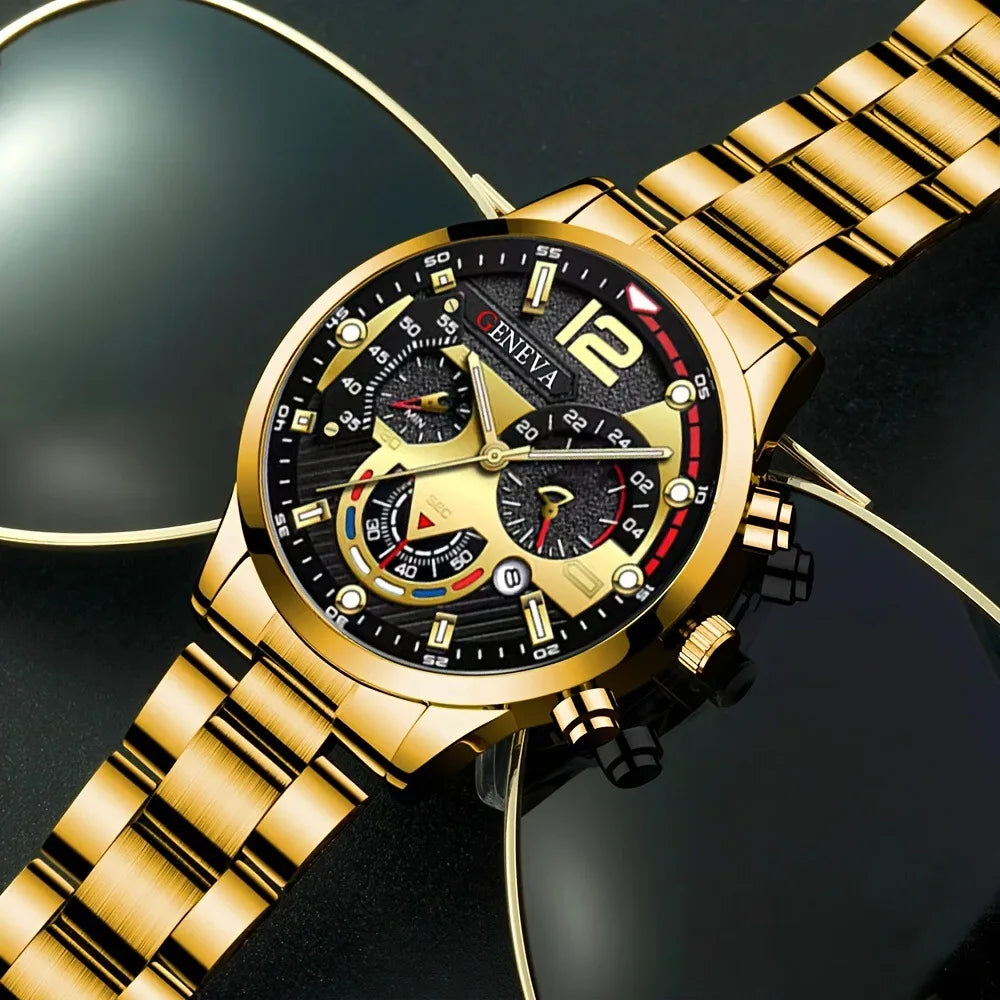 Luxury Men’s Business Quartz Watch & Jewelry Set. 4-Piece Gold Roman Dial Gift Set