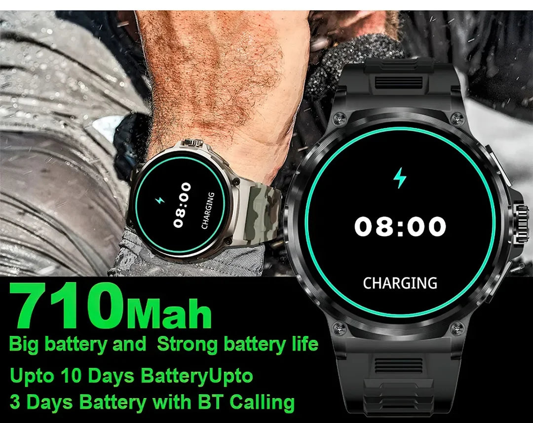 Smartwatch with charging display on a person's wrist, showing battery information.