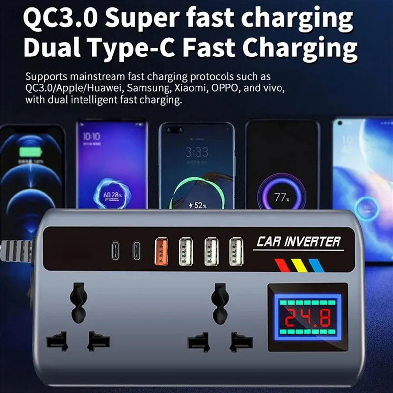 Car Inverter 12V/24V to 220V, PD, QC3.0, 4 USB Ports, Universal Outlet, Fast Charging Adapter