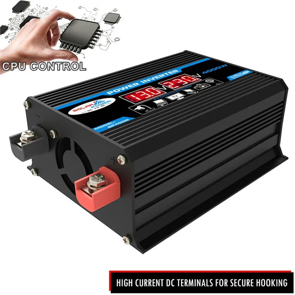 FUYUN 4000W Power Inverter 12V to 220V, Dual LCD, Universal Socket, USB Fast Charging