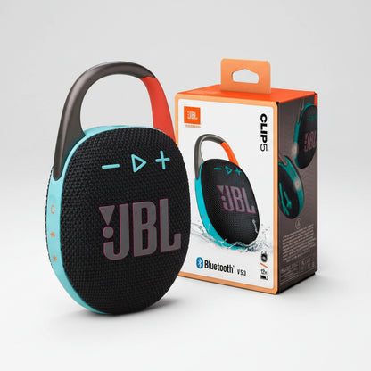 JBL Clip 5 Bluetooth speaker with packaging on a white background