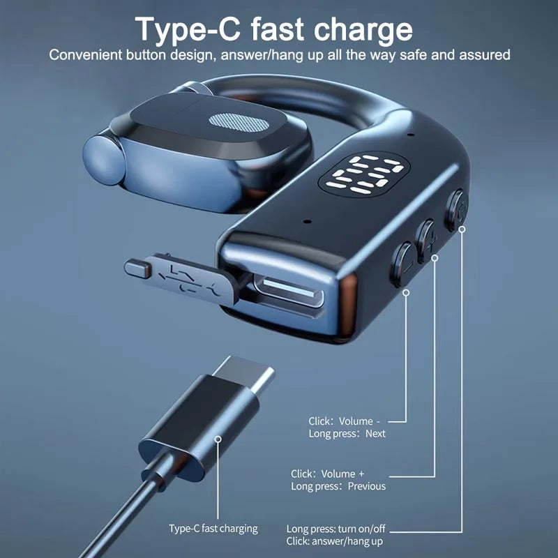 Bluetooth 5.3 Wireless Headphone 180° Rotation Business Headset With Mic LED Display Ear-hook Touch Control Sports Hifi Earphone