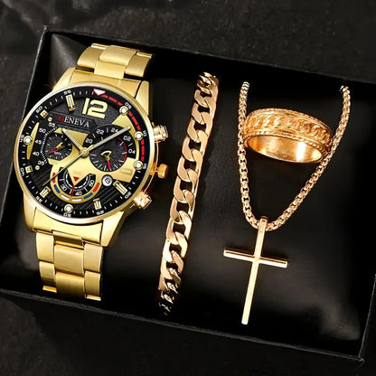 Luxury Men’s Business Quartz Watch & Jewelry Set. 4-Piece Gold Roman Dial Gift Set