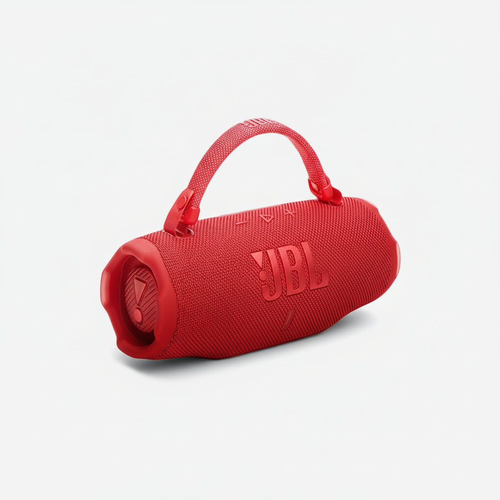 Red JBL speaker with JBL logo on a white background
