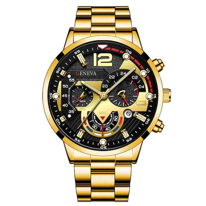 Luxury Men’s Business Quartz Watch & Jewelry Set. 4-Piece Gold Roman Dial Gift Set