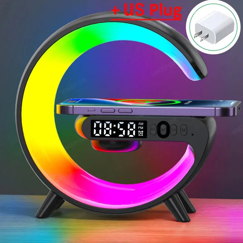 Vikefon Mini Wireless Charging Stand  RGB Light, Alarm Clock, Bluetooth Speaker & 15W Fast Charging