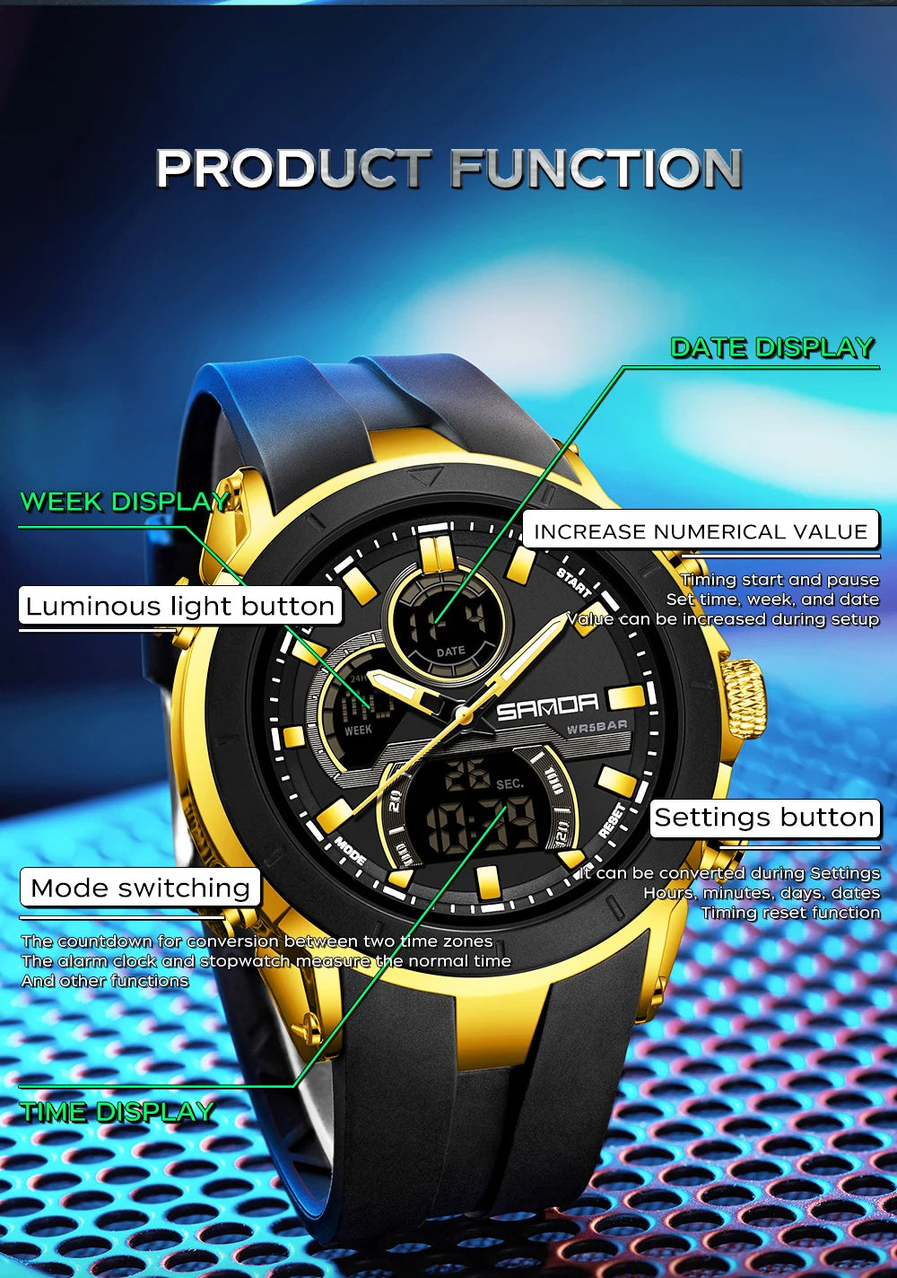 SANDA 6279 Men’s Sports Watch Dual Display, Luminous, Waterproof & Shock Resistant