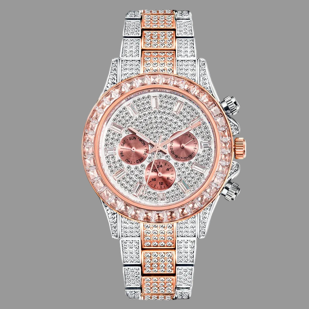 Luxury watch with rose gold and silver design on a white background