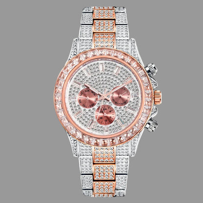 Luxury watch with rose gold and silver design on a white background