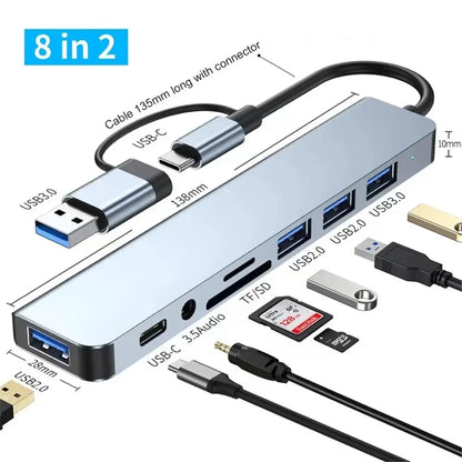 8-in-2 USB Hub Docking Station – USB C, USB 3.0/2.0, SD/TF Card Reader & Audio Port