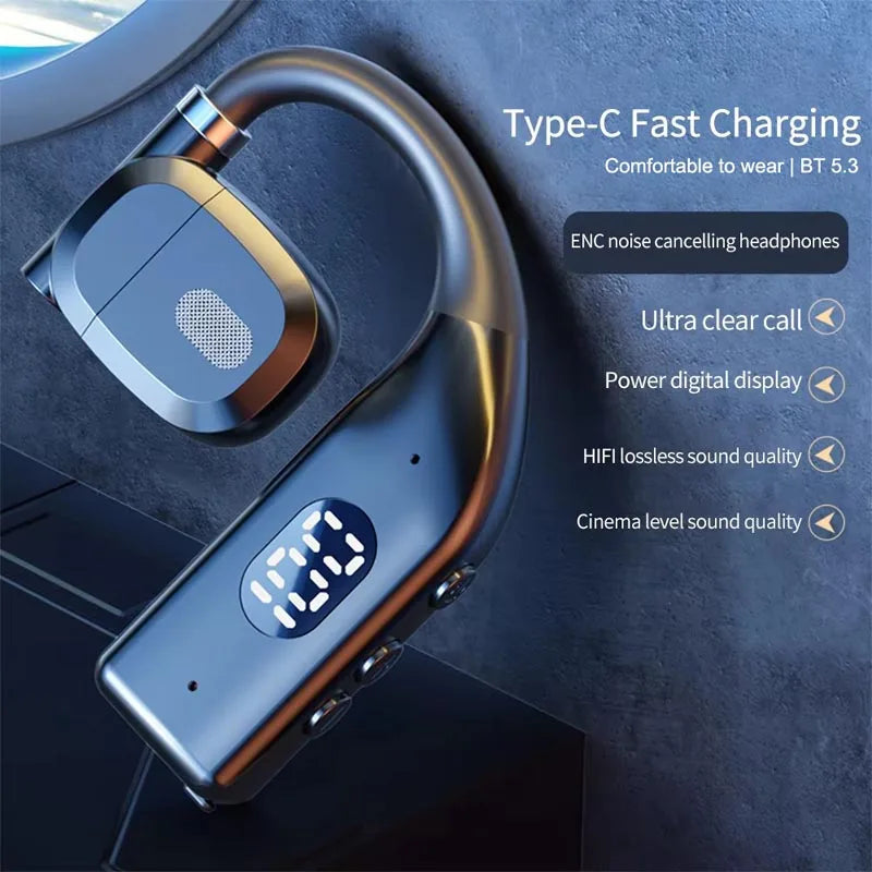 Bluetooth 5.3 Wireless Headphone 180° Rotation Business Headset With Mic LED Display Ear-hook Touch Control Sports Hifi Earphone