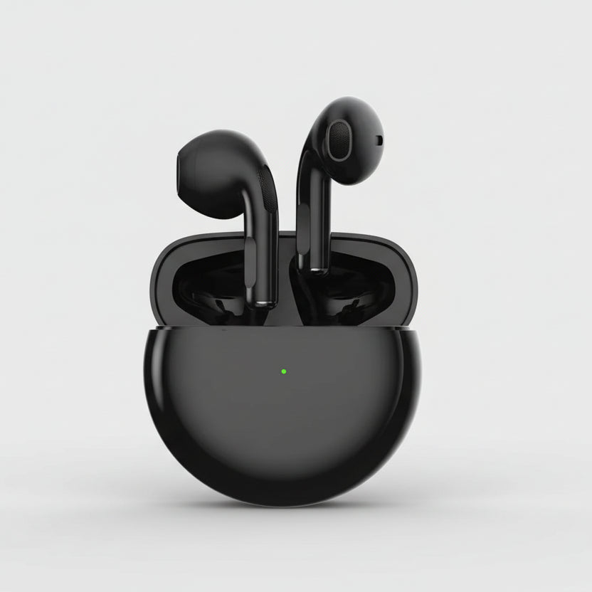 Black wireless earbuds in charging case on a white background