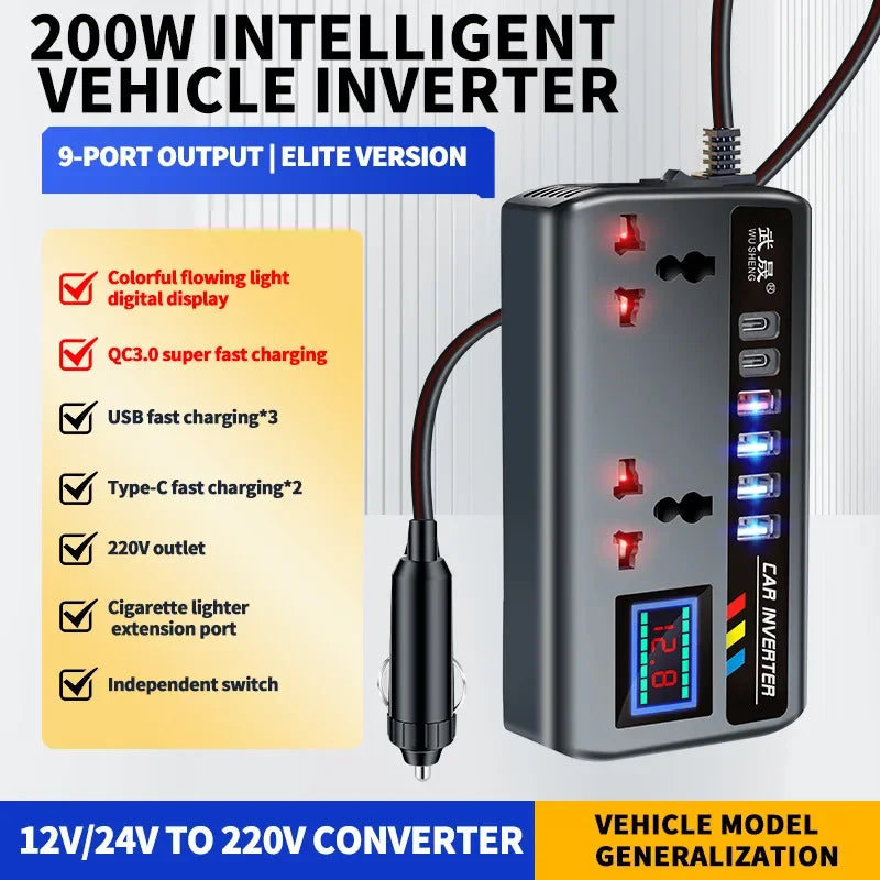 Car Inverter 12V/24V to 220V, PD, QC3.0, 4 USB Ports, Universal Outlet, Fast Charging Adapter