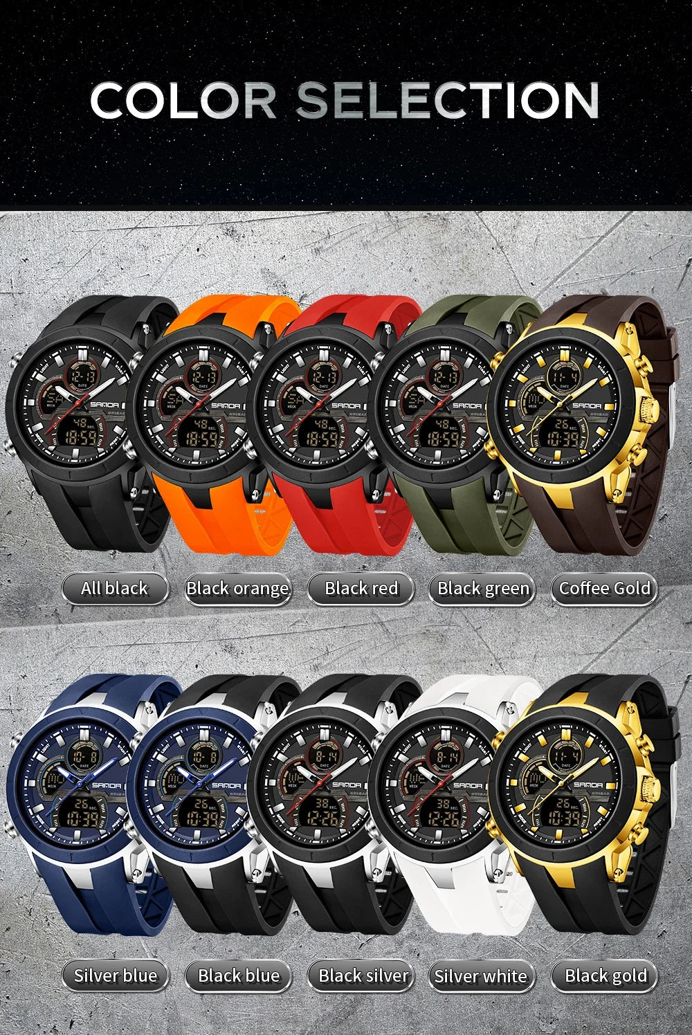 SANDA 6279 Men’s Sports Watch Dual Display, Luminous, Waterproof & Shock Resistant