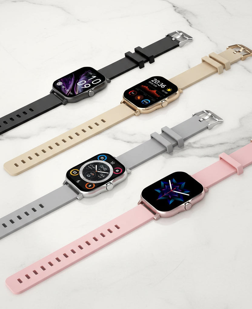 Smartwatch with interchangeable bands on a light background