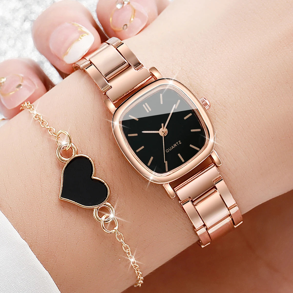 Square Women’s Watch & Heart Bracelet Set