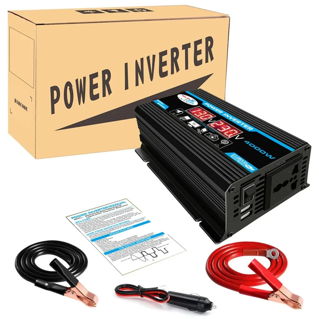 FUYUN 4000W Power Inverter 12V to 220V, Dual LCD, Universal Socket, USB Fast Charging