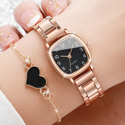Square Women’s Watch & Heart Bracelet Set