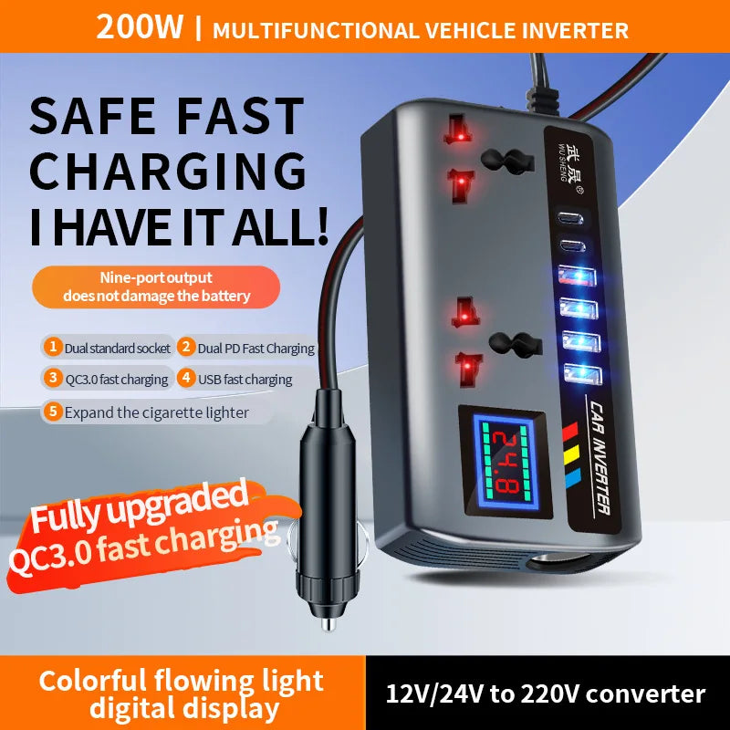 Car Inverter 12V/24V to 220V, PD, QC3.0, 4 USB Ports, Universal Outlet, Fast Charging Adapter