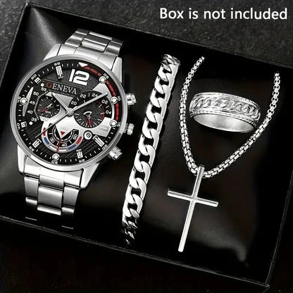 Luxury Men’s Business Quartz Watch & Jewelry Set. 4-Piece Gold Roman Dial Gift Set