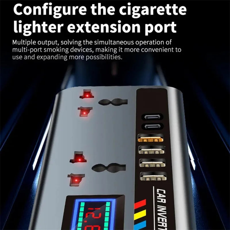 Car Inverter 12V/24V to 220V, PD, QC3.0, 4 USB Ports, Universal Outlet, Fast Charging Adapter
