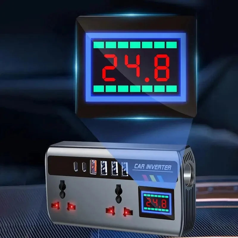 Car Inverter 12V/24V to 220V, PD, QC3.0, 4 USB Ports, Universal Outlet, Fast Charging Adapter
