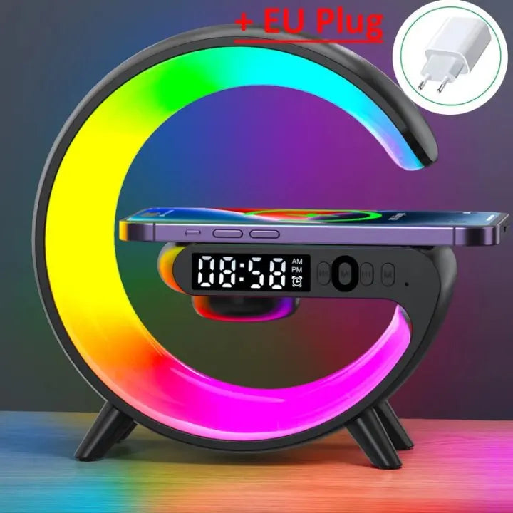 Vikefon Mini Wireless Charging Stand  RGB Light, Alarm Clock, Bluetooth Speaker & 15W Fast Charging