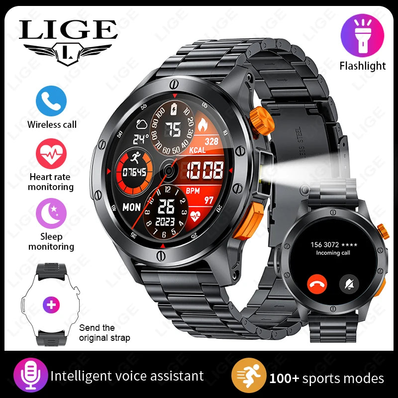 LIGE Fashion Smart Watch for Men Voice Assistant Bluetooth Call Heart Rate and Fitness Tracker IP68 Waterproof