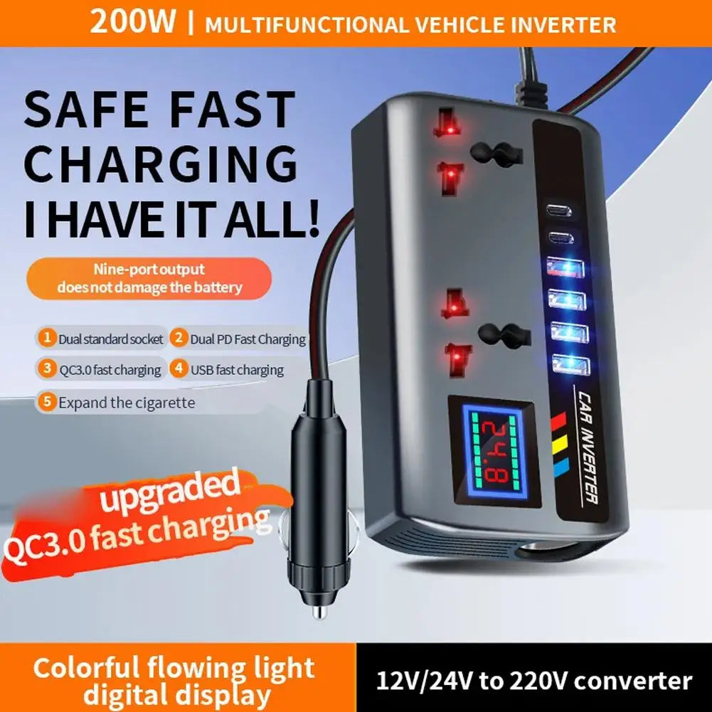 Portable Car Inverter Converter Fast Charging Ports Automotive Charger 12V/24V To 220V Inverter 3 USB Ports Vehicle Accessories