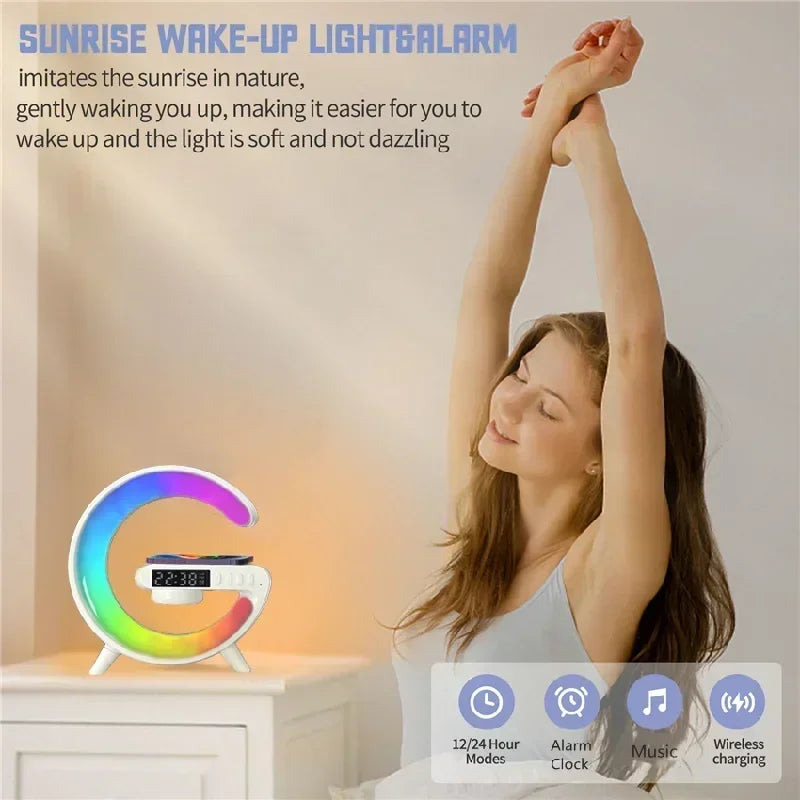 Vikefon Mini Wireless Charging Stand  RGB Light, Alarm Clock, Bluetooth Speaker & 15W Fast Charging