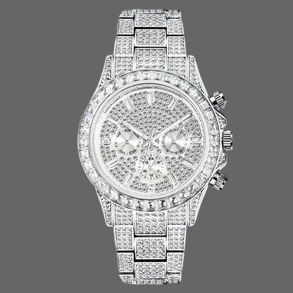 Silver watch with diamond-studded face and band on a white background