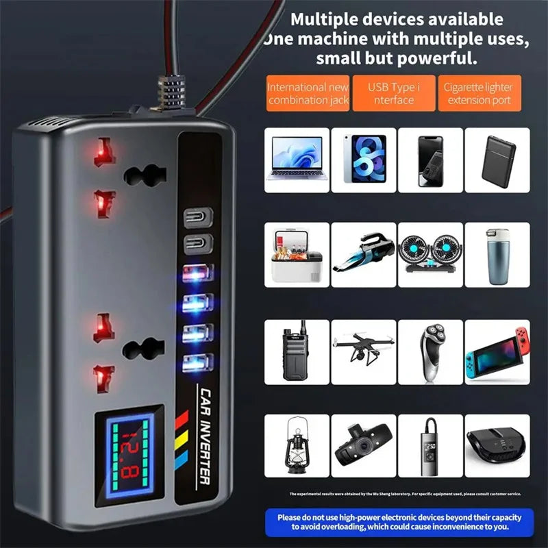 Car Inverter 12V/24V to 220V, PD, QC3.0, 4 USB Ports, Universal Outlet, Fast Charging Adapter
