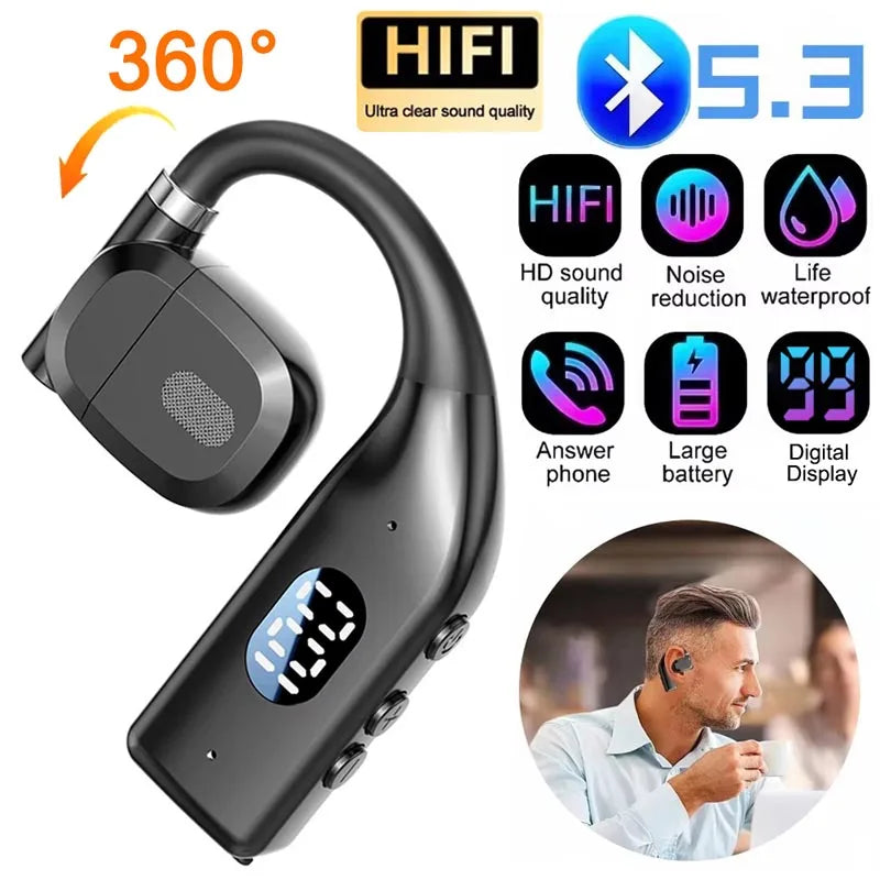 Bluetooth 5.3 Wireless Headphone 180° Rotation Business Headset With Mic LED Display Ear-hook Touch Control Sports Hifi Earphone