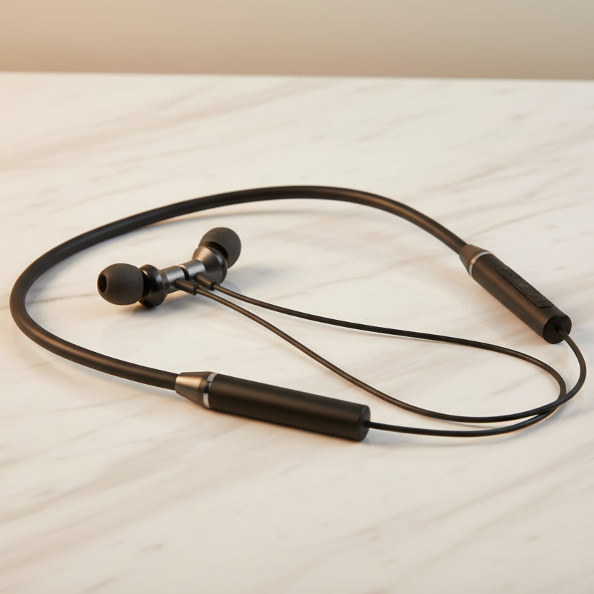 Black wireless earbuds with a neckband on a white background