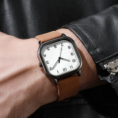 YOLAKO Fashion Square Men’s Quartz Watch  Leather Band, Arabic Dial, Casual Business Style